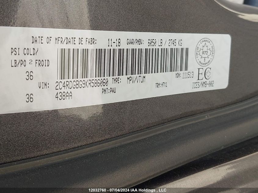 2019 Dodge Grand Caravan Sxt VIN: 2C4RDGBG9KR586060 Lot: 12032760