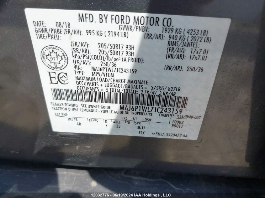 2018 Ford Ecosport Titanium VIN: MAJ6P1WL7JC243159 Lot: 12032776