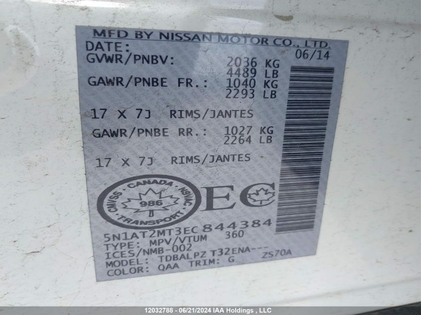 2014 Nissan Rogue VIN: 5N1AT2MT3EC844384 Lot: 12032788