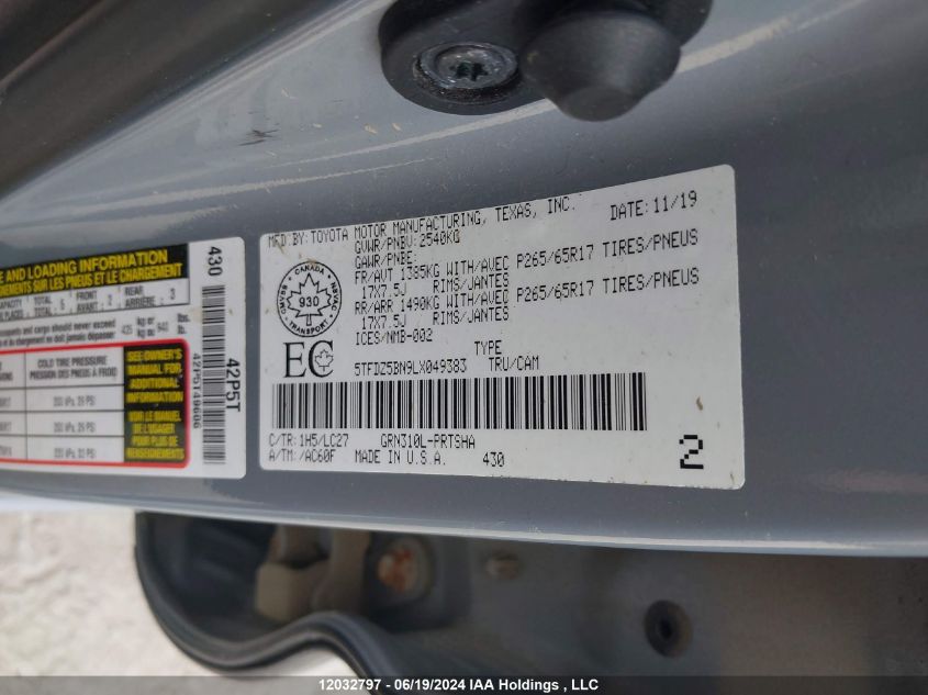 2020 Toyota Tacoma Double Cab/Sr5/Trd Sport/Trd Off Road VIN: 5TFDZ5BN9LX049383 Lot: 12032797