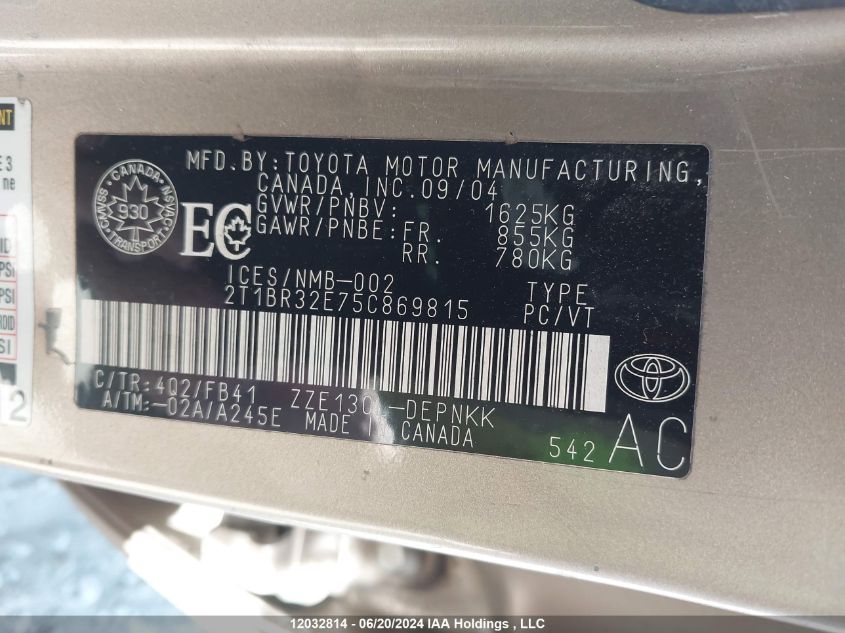 2005 Toyota Corolla Ce/Le/S VIN: 2T1BR32E75C869815 Lot: 12032814