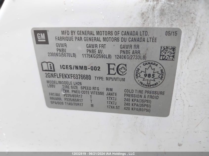 2015 Chevrolet Equinox VIN: 2GNFLFEKXF6376680 Lot: 12032819