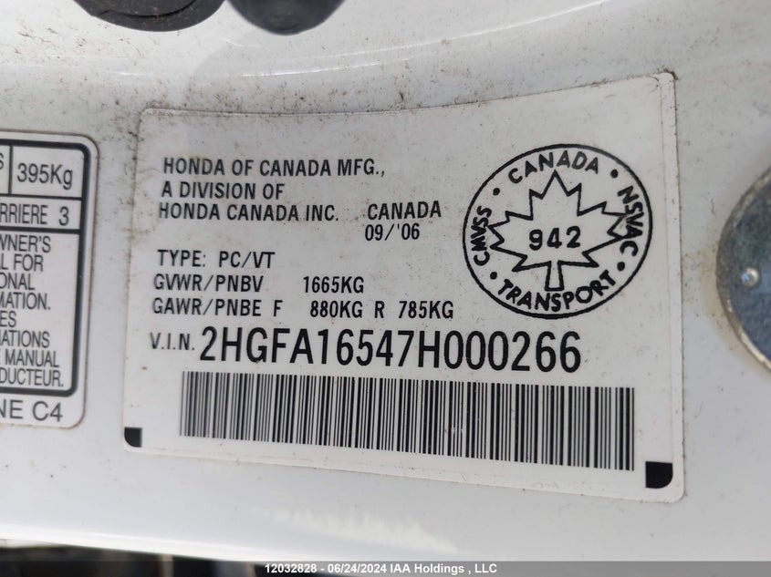 2007 Honda Civic Sdn VIN: 2HGFA16547H000266 Lot: 12032828