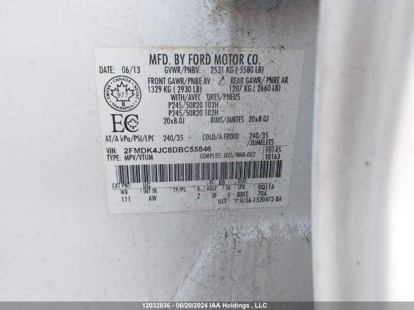 2013 Ford Edge Sel VIN: 2FMDK4JC8DBC55846 Lot: 12032836