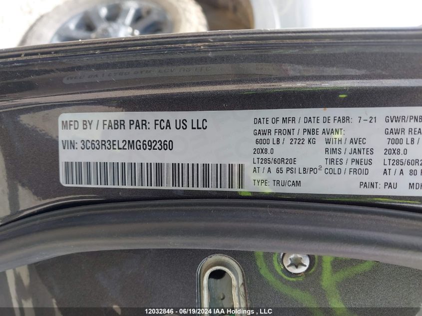 2021 Ram 3500 Laramie VIN: 3C63R3EL2MG692360 Lot: 12032846