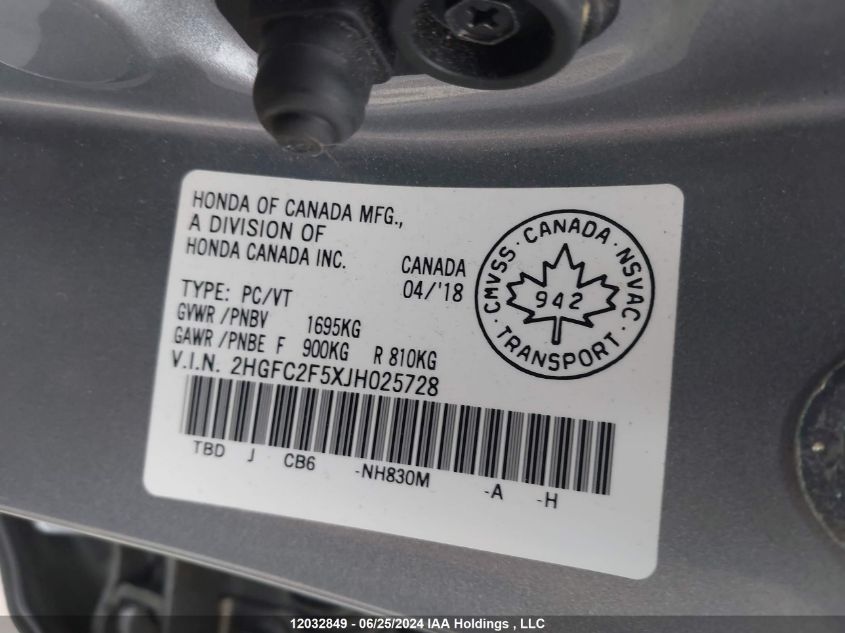 2018 Honda Civic VIN: 2HGFC2F5XJH025728 Lot: 12032849