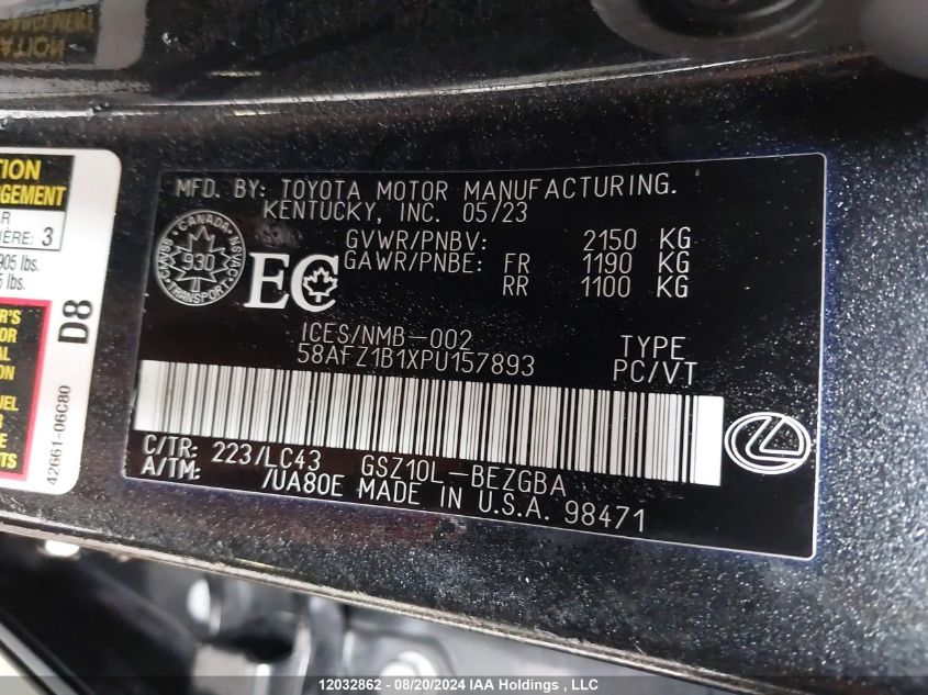 2023 Lexus Es 350 350 VIN: 58AFZ1B1XPU157893 Lot: 12032862