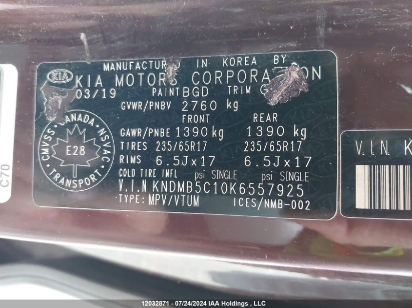 2019 Kia Sedona VIN: KNDMB5C10K6557925 Lot: 12032871