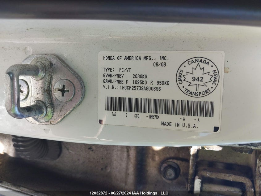 2009 Honda Accord Ex VIN: 1HGCP25739A800696 Lot: 12032872