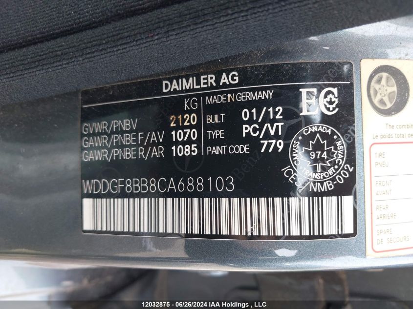 2012 Mercedes-Benz C-Class VIN: WDDGF8BB8CA688103 Lot: 12032875