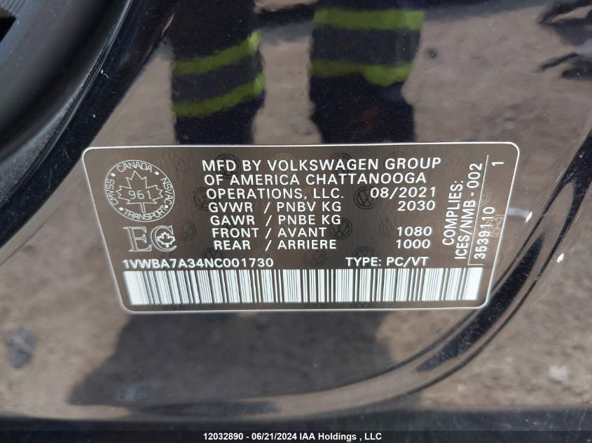 2022 Volkswagen Passat Limited Edition VIN: 1VWBA7A34NC001730 Lot: 12032890