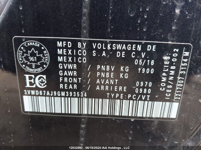 2016 Volkswagen Jetta Sedan VIN: 3VWD67AJ9GM393534 Lot: 12032892