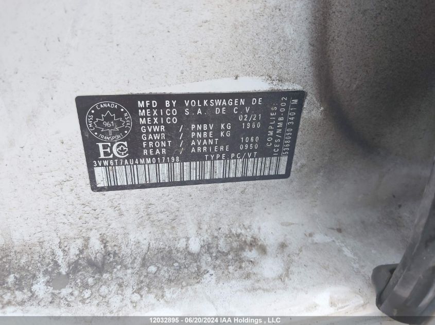 2021 Volkswagen Gti S/Se/Autobahn VIN: 3VW6T7AU4MM017198 Lot: 12032895