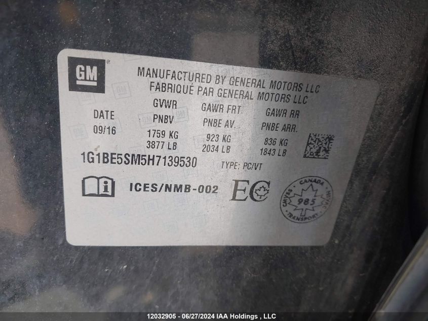 2017 Chevrolet Cruze VIN: 1G1BE5SM5H7139530 Lot: 12032905