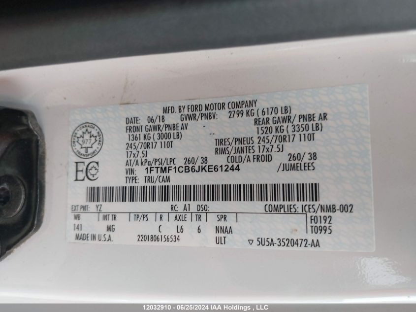 2018 Ford F150 VIN: 1FTMF1CB6JKE61244 Lot: 12032910