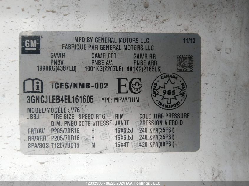 2014 Chevrolet Trax 1Lt VIN: 3GNCJLEB4EL161605 Lot: 12032956