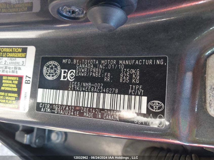 2010 Toyota Matrix Wagon VIN: 2T1KU4EE8AC346278 Lot: 12032962