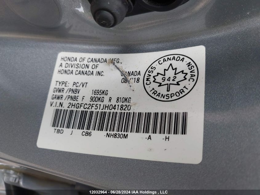 2018 Honda Civic Sedan VIN: 2HGFC2F51JH041820 Lot: 12032964
