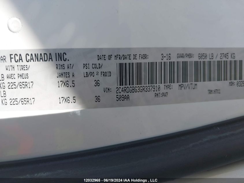 2016 Dodge Grand Caravan Se/Sxt VIN: 2C4RDGBG3GR337910 Lot: 12032965