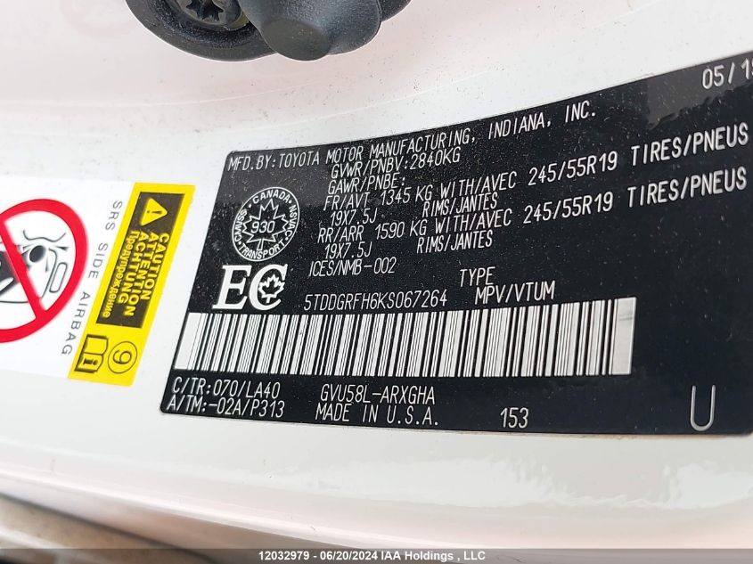 2019 Toyota Highlander Hybrid Limited VIN: 5TDDGRFH6KS067264 Lot: 12032979