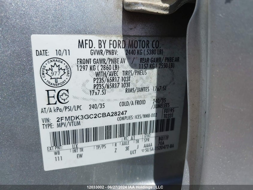2012 Ford Edge Se VIN: 2FMDK3GC2CBA28247 Lot: 12033002