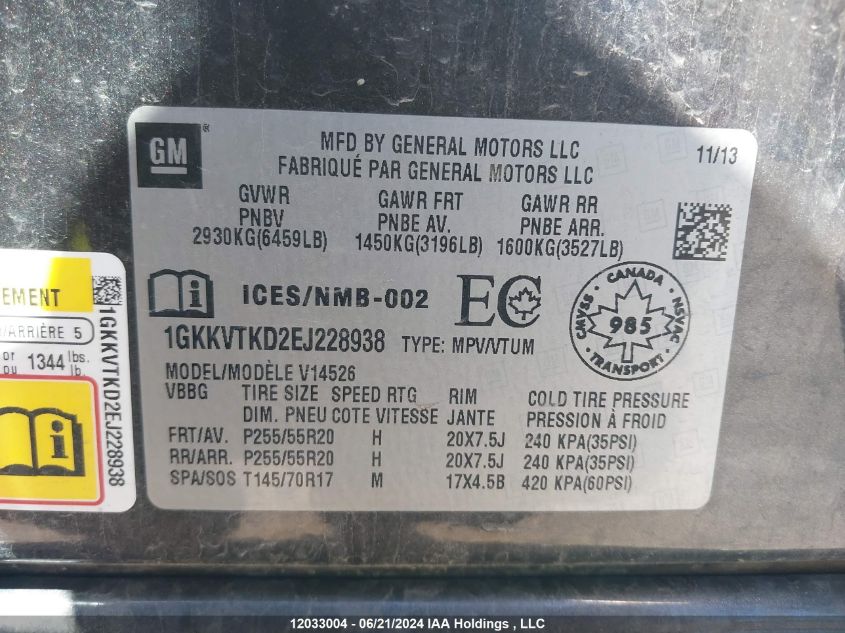 2014 GMC Acadia VIN: 1GKKVTKD2EJ228938 Lot: 12033004