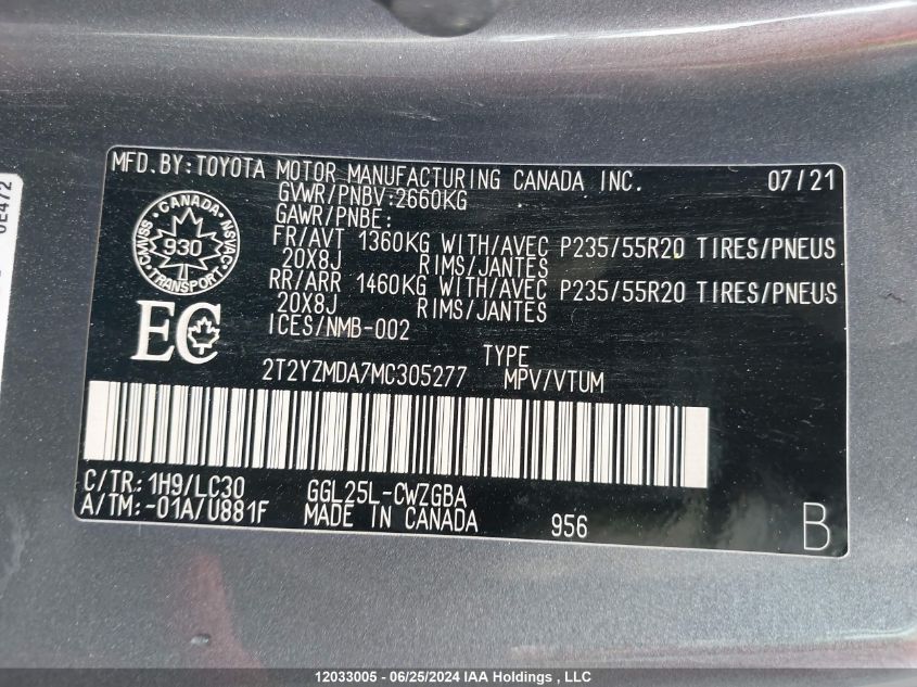 2021 Lexus Rx 350 VIN: 2T2YZMDA7MC305277 Lot: 12033005