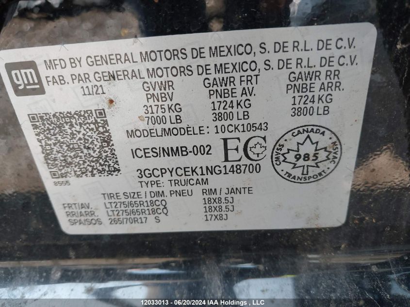 2022 Chevrolet Silverado Ltd K1500 Trail Boss Custom VIN: 3GCPYCEK1NG148700 Lot: 12033013