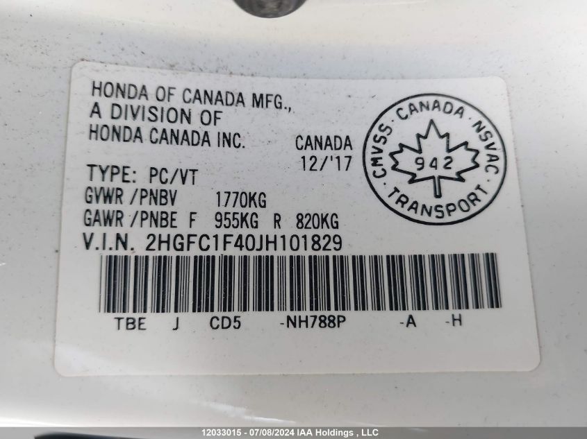 2018 Honda Civic Sedan VIN: 2HGFC1F40JH101829 Lot: 12033015