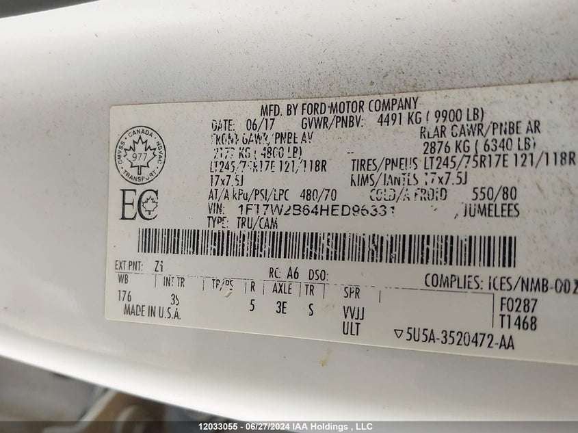 2017 Ford F250 Super Duty VIN: 1FT7W2B64HED96331 Lot: 12033055