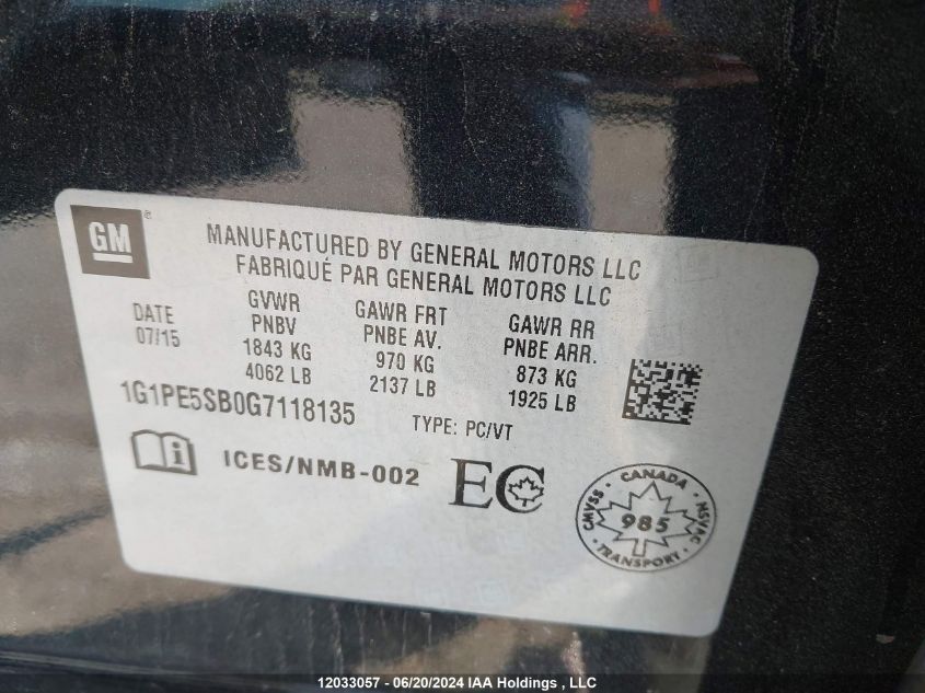 2016 Chevrolet Cruze Limited VIN: 1G1PE5SB0G7118135 Lot: 12033057