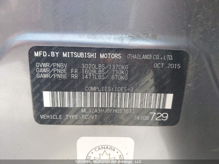 2015 Mitsubishi Mirage VIN: ML32A3HJ8FH057631 Lot: 12033058