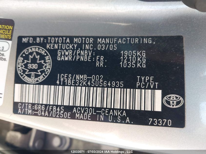 2005 Toyota Camry Le/Xle/Se VIN: 4T1BE32K45U564935 Lot: 12033071