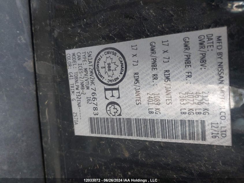 2017 Nissan Rogue VIN: 5N1AT2MV2HC766783 Lot: 12033072