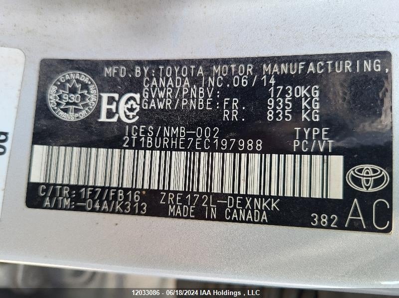 2014 Toyota Corolla L/Le/Le Pls/Prm/S/S Pls VIN: 2T1BURHE7EC197988 Lot: 12033086
