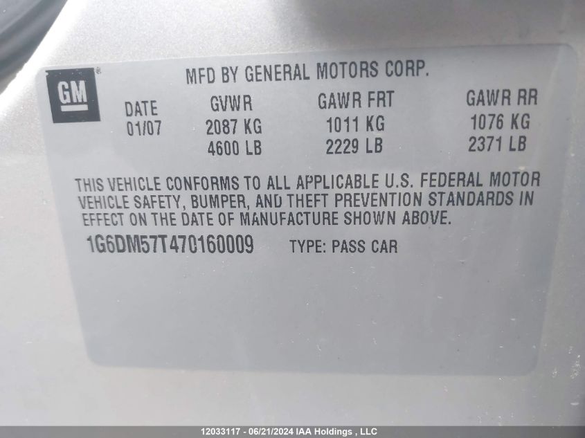 2007 Cadillac Cts VIN: 1G6DM57T470160009 Lot: 12033117