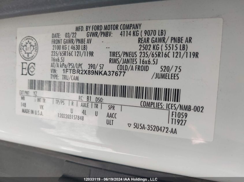 2022 Ford Transit T-250 VIN: 1FTBR2X89NKA37677 Lot: 12033119