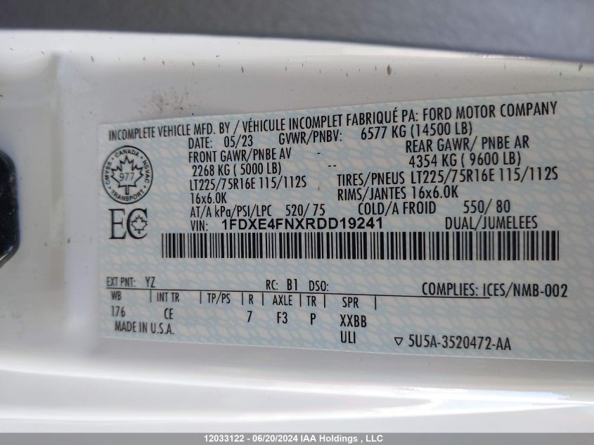 2024 Ford Econoline E450 Super Duty Cutaway Van VIN: 1FDXE4FNXRDD19241 Lot: 12033122