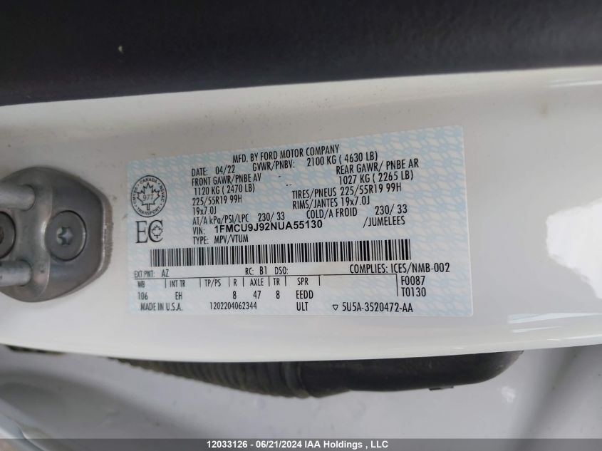 2022 Ford Escape Titanium VIN: 1FMCU9J92NUA55130 Lot: 12033126