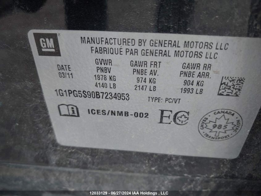 2011 Chevrolet Cruze VIN: 1G1PG5S90B7234953 Lot: 12033129