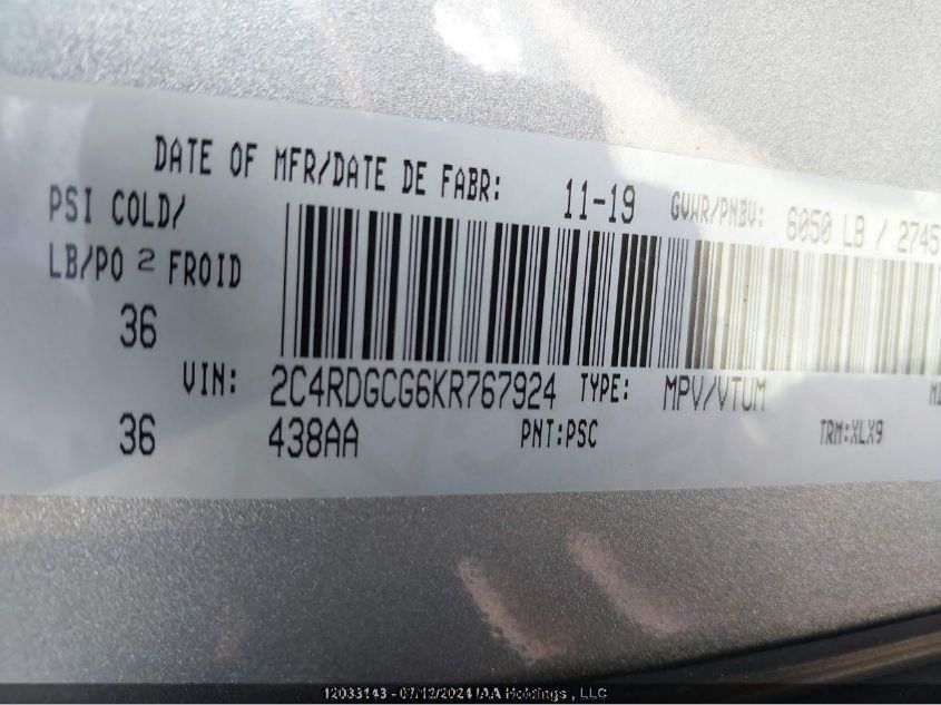 2019 Dodge Grand Caravan 35Th Anniversary Edition VIN: 2C4RDGCG6KR767924 Lot: 12033143