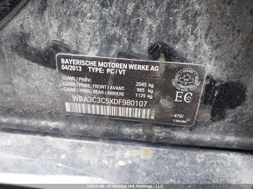 2013 BMW 3 Series VIN: WBA3C3C5XDF980107 Lot: 12033146