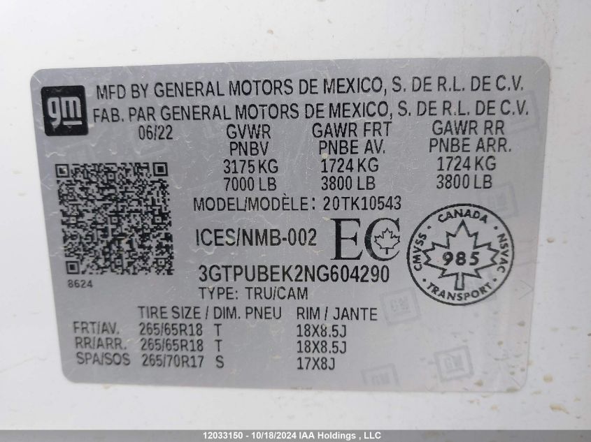 2022 GMC Sierra 1500 VIN: 3GTPUBEK2NG604290 Lot: 12033150