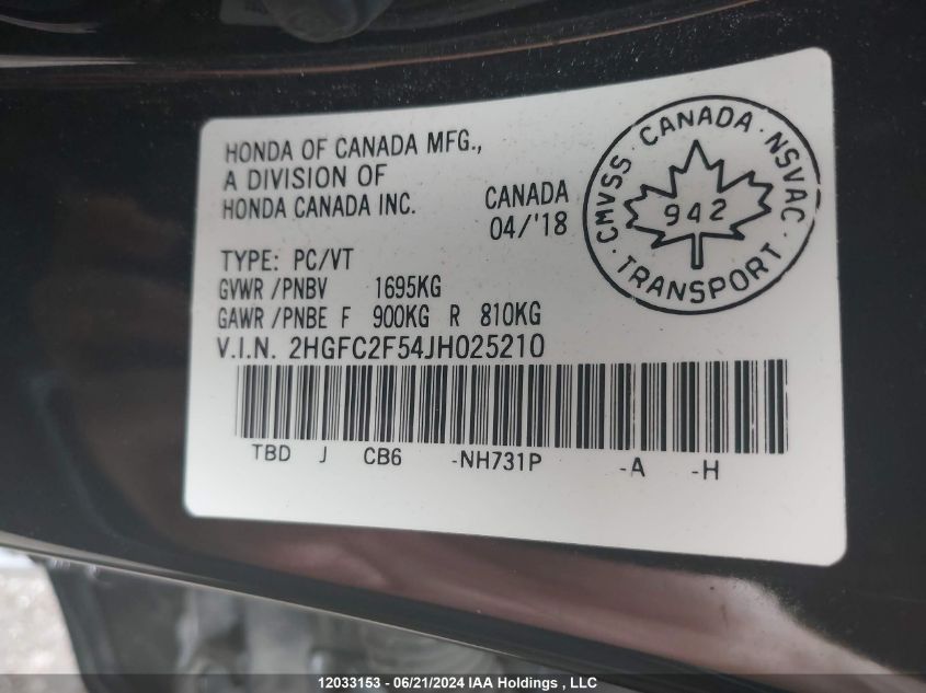 2018 Honda Civic Lx VIN: 2HGFC2F54JH025210 Lot: 12033153