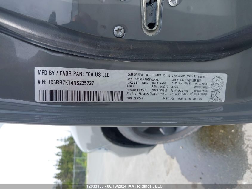 2022 Ram 1500 Classic Tradesman VIN: 1C6RR7KT4NS235727 Lot: 12033155