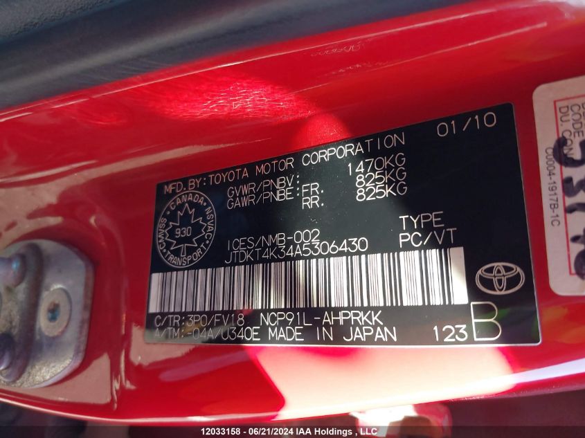 2010 Toyota Yaris Le/Rs VIN: JTDKT4K34A5306430 Lot: 12033158