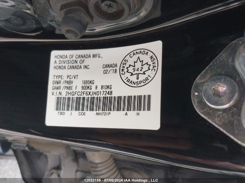 2018 Honda Civic Lx VIN: 2HGFC2F6XJH017248 Lot: 12033159