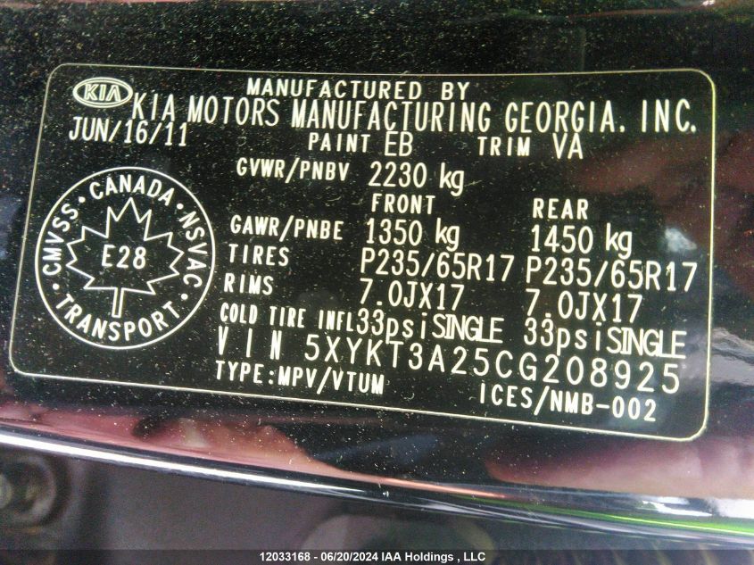 2012 Kia Sorento Lx VIN: 5XYKT3A25CG208925 Lot: 12033168