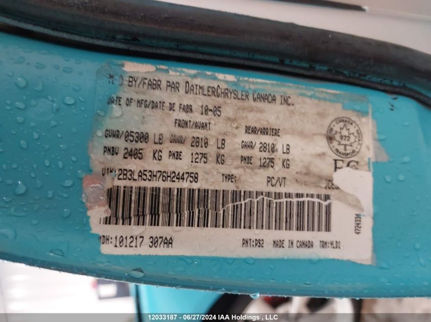 2006 Dodge Charger R/T VIN: 2B3LA53H76H244758 Lot: 12033187