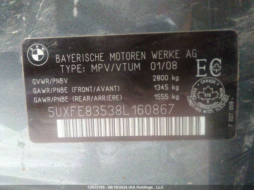 2008 BMW X5 4.8I VIN: 5UXFE83538L160867 Lot: 12033193